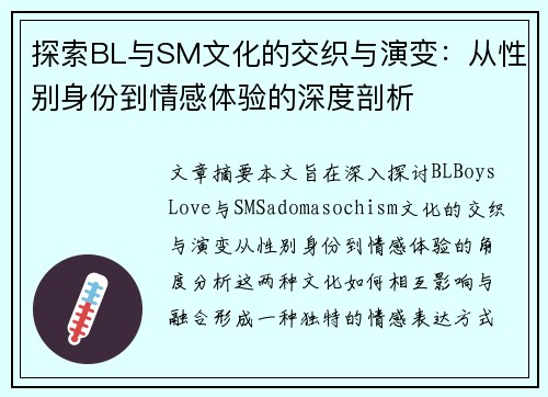 探索BL与SM文化的交织与演变：从性别身份到情感体验的深度剖析