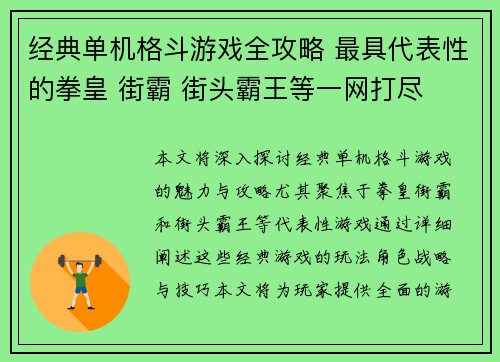 经典单机格斗游戏全攻略 最具代表性的拳皇 街霸 街头霸王等一网打尽